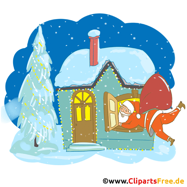 Häuschen im Wald und Weihnachtsmann Gif Grusskarte