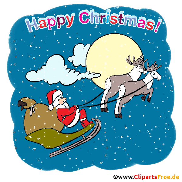 Weihnachtsmann auf Schlitten mit Rehen fliegen im Himmel im Schneefall Gif Clipart