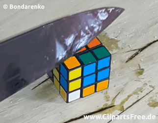 Gif Animation Zauberwürfel Rubik's Cube wird mit Messer geschnitten