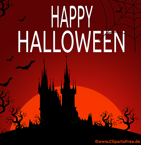 31. Oktober - Halloween Illustration mit Schloß und Sonnenuntergang