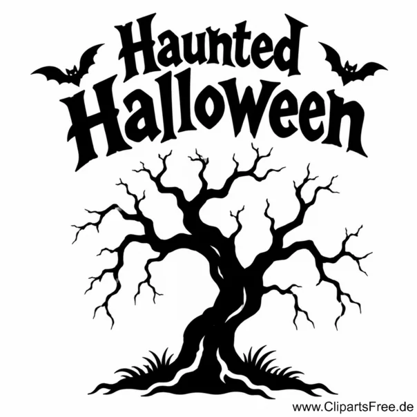 Schwarz-weisses Clipart zu Halloween mit Baum