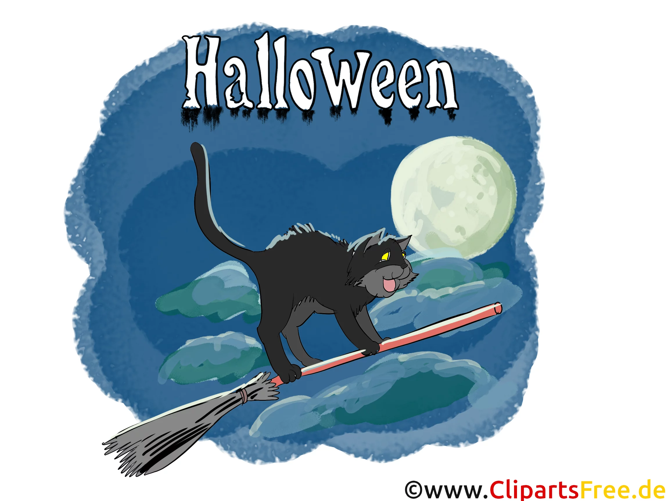 Schwarze Katze auf Besen - Illustrationen, Bilder, Grafiken, Cliparts, Cartoons zu Halloween