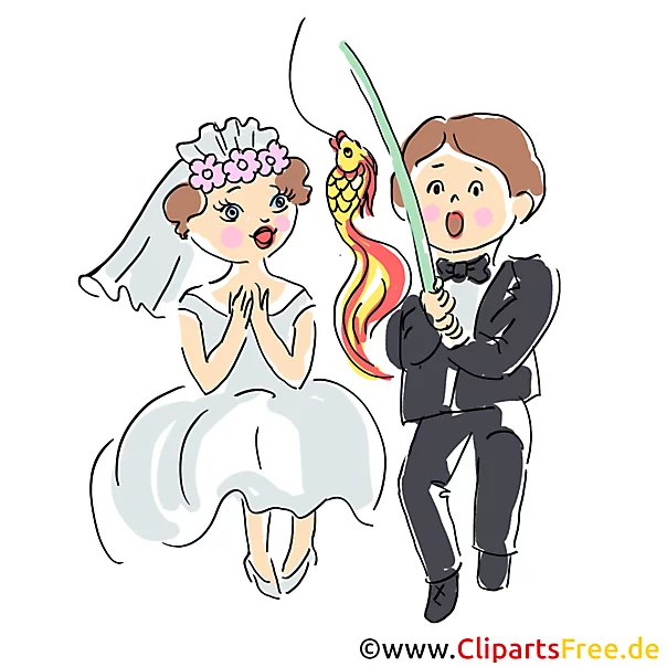 Hochzeitskarte Brautpaar hat Goldfisch geangelt Clipart, Illustration, Bild