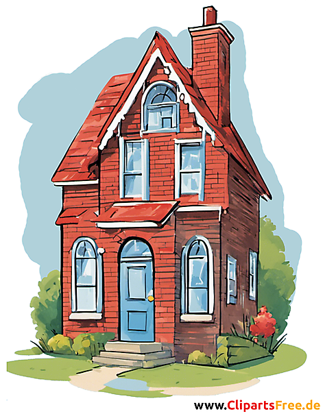 Clipart Haus mit Wiese, Kamin, Schornstein und rotem Dach