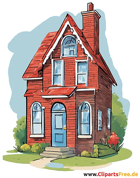 Clipart Haus mit Wiese, Kamin, Schornstein und rotem Dach