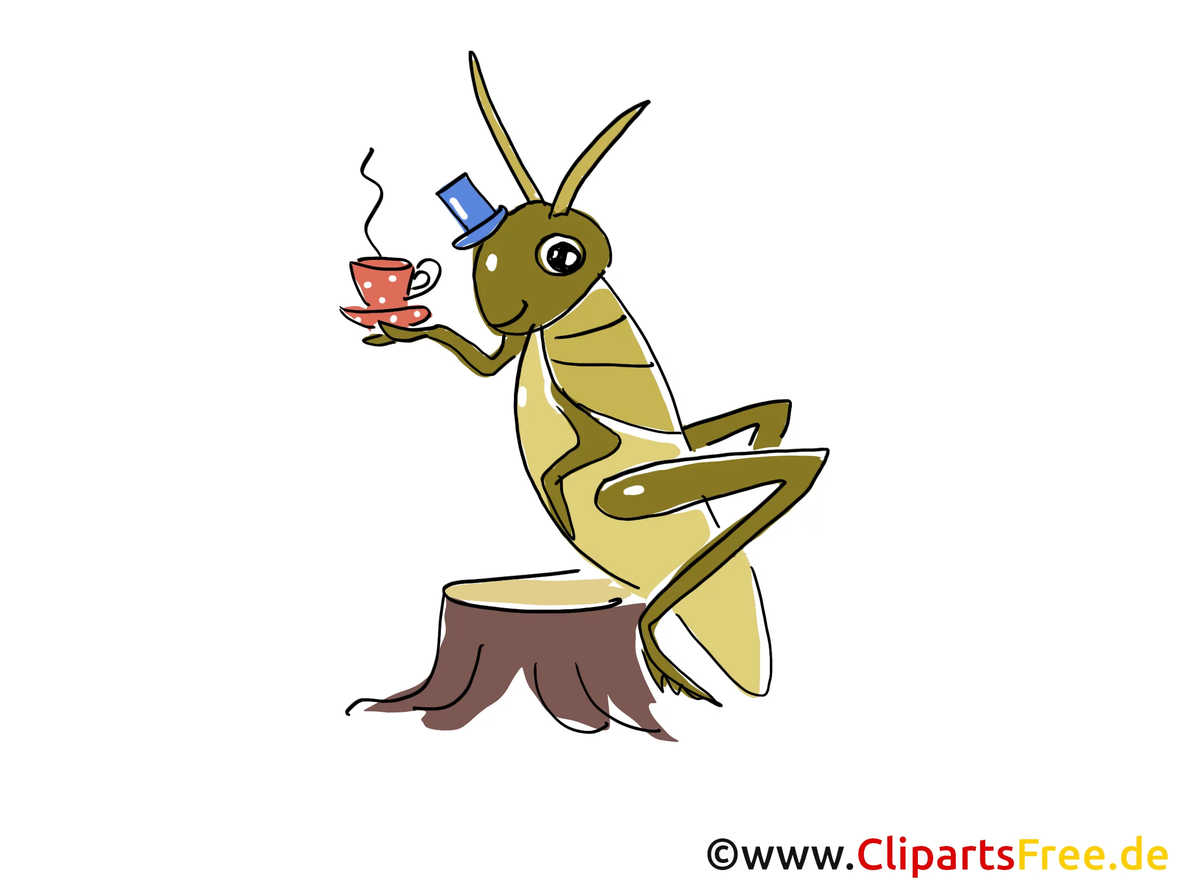 Tee trinken, Heuschrecken Comic, Cartoon, Clipart, Bild, Zeichnung, Illustration