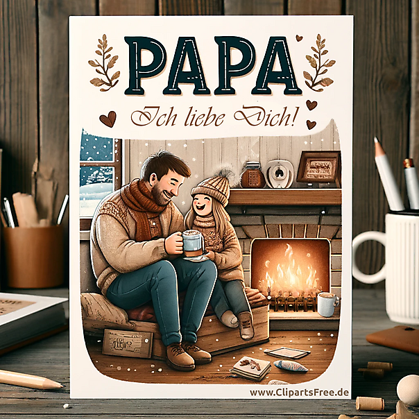 Ich liebe Papa schöne Grusskarte Vater und Tochter am Kamin