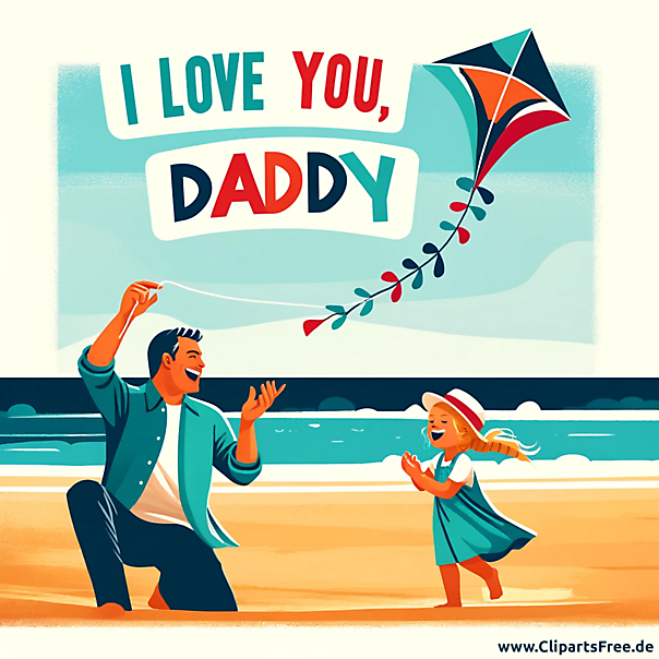 Postkarte im Retrostil zum Vatertag - vater und Tochter am Strand