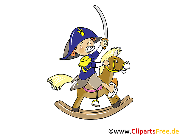 Junge auf Schaukelpferd mit Schwert Bild, Clipart, Illustration