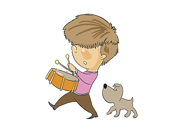 Junge mit Trommel und Hund Clipart, Bild, Illustration
