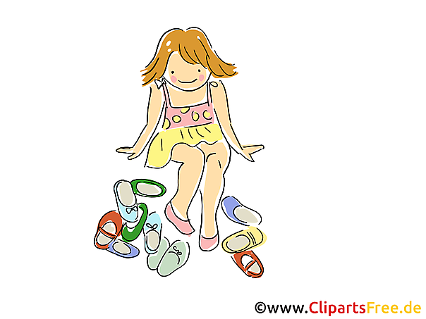 Mädchen im Kindergarten mit vielen Schuhen Cartoon, Clipart, Bild, Illustration