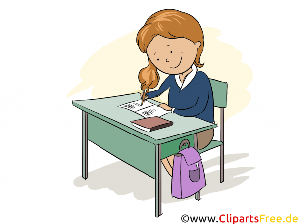 Schulunterricht Mädchen sitzt am Tisch und schreibt - Tagesablauf Bilder für Grundschule