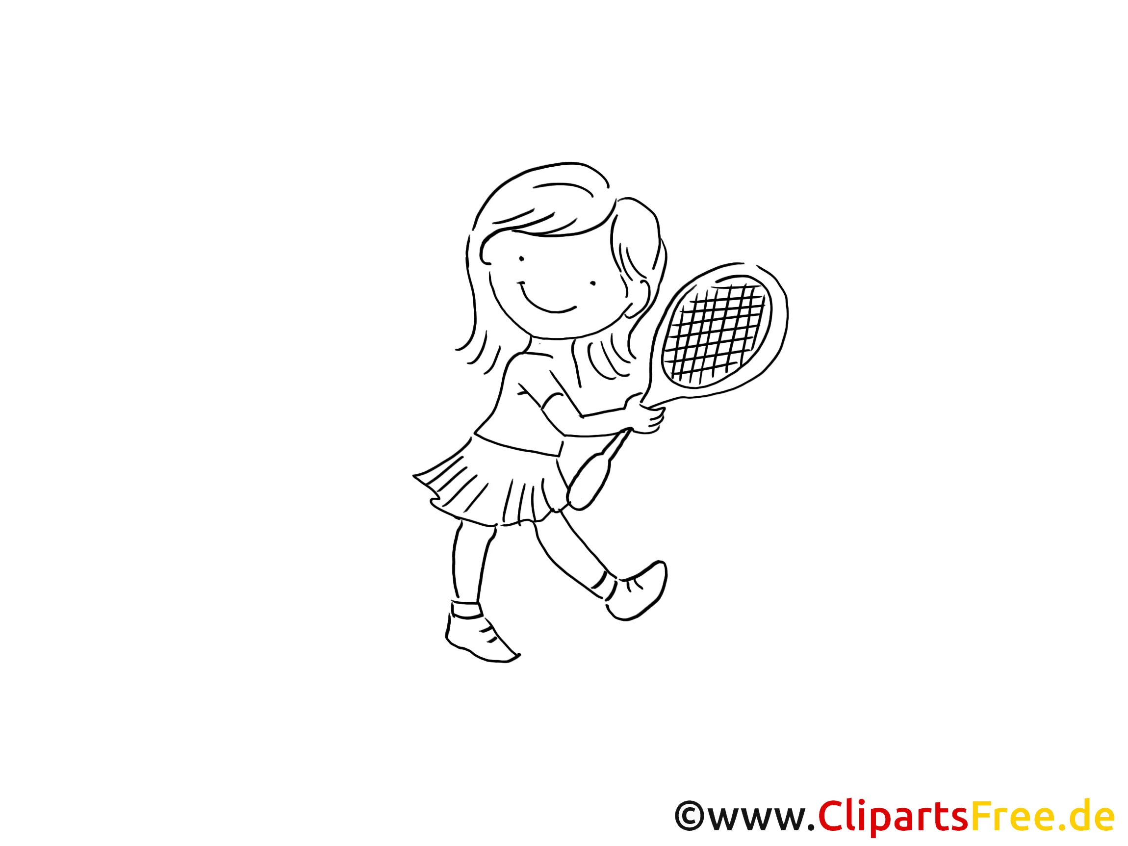 Mädchen mit Tennisschläger Zeichnung schwarz-weiss, Bild, Clipart, Comic, Cartoon