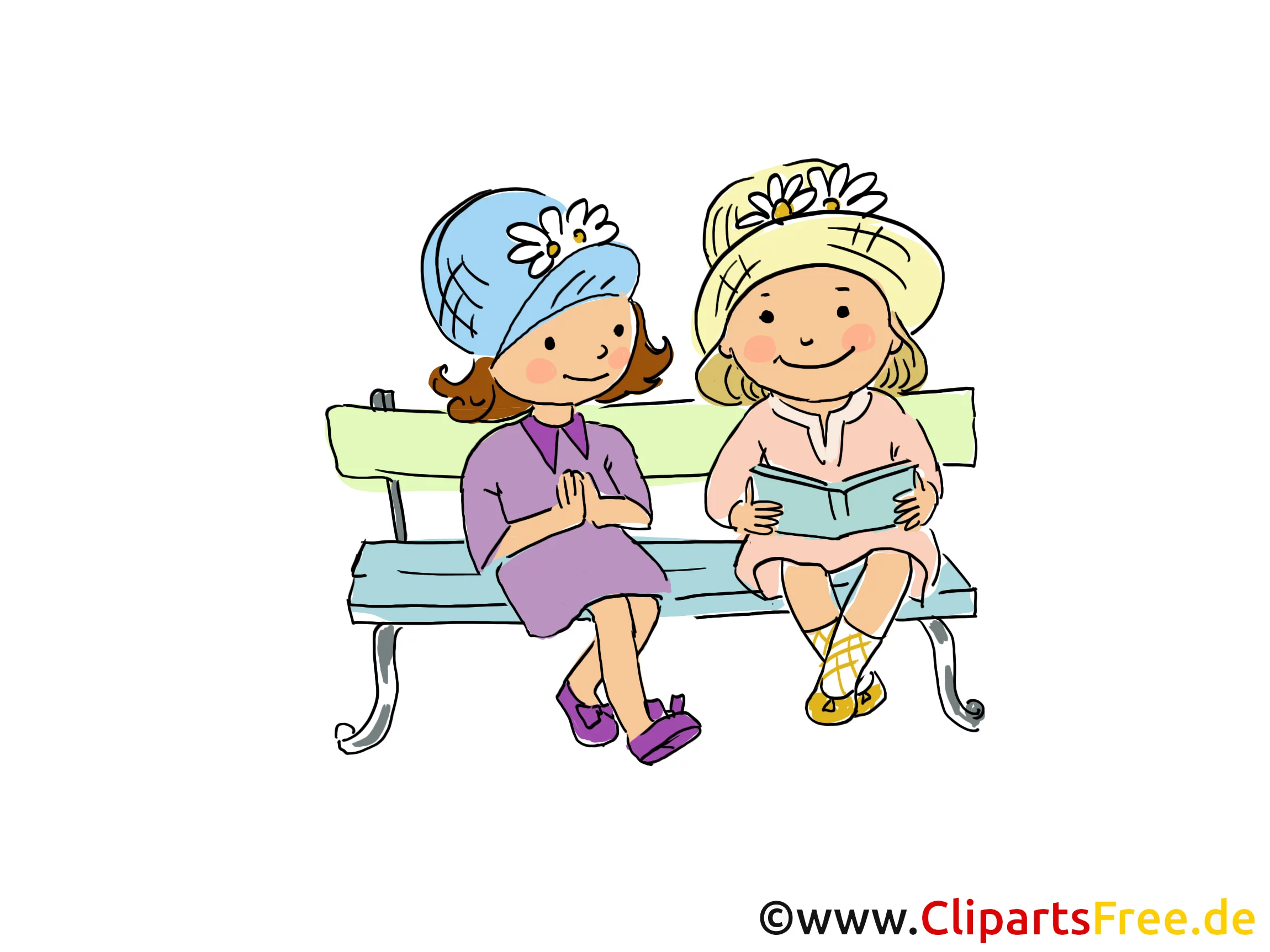 Freundinnen an der Bank im Park Bild, Clipart, Cartoon, Grafik, Comic gratis