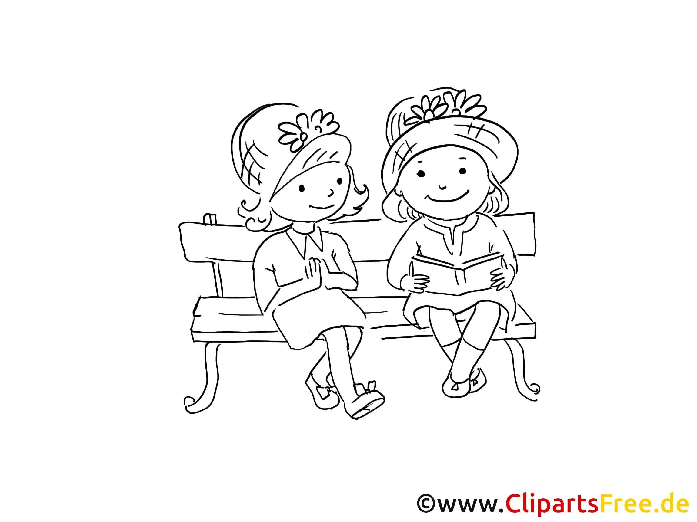 Freundinnen im Park Zeichnung, Bild schwarz-weiss, Clipart, Comic, Cartoon kostenlos