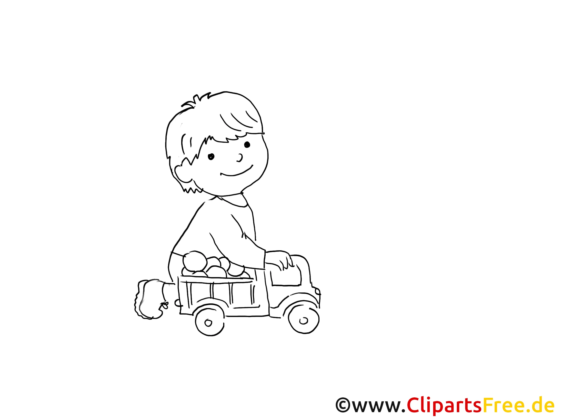 Kind spielt mit Spielzeugauto Zeichnung, Bild schwarz-weiss, Clipart, Comic, Cartoon kostenlos