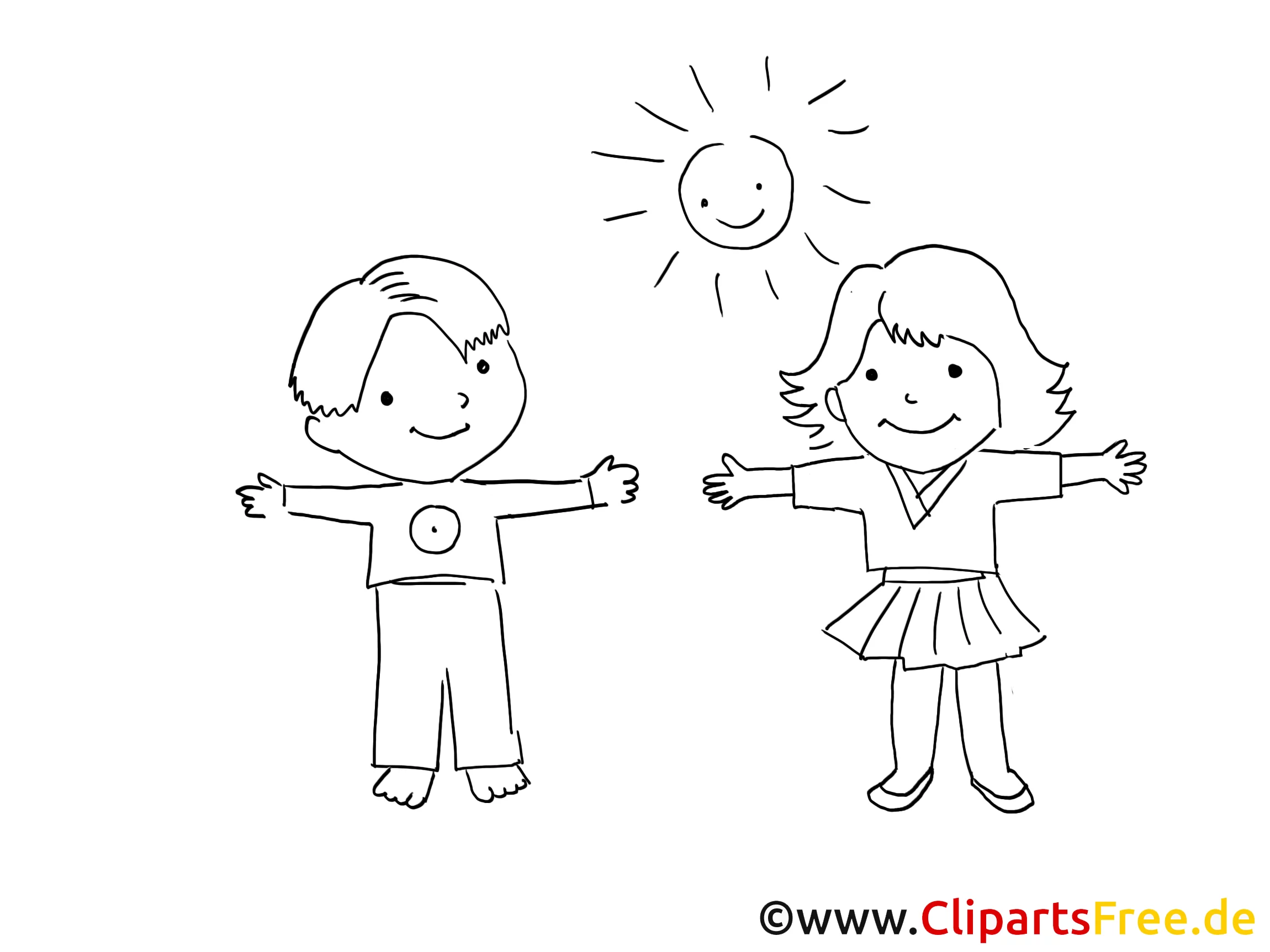 Kinder spielen im Garten Bild schwarz-weiss zum Ausmalen, Clipart kostenlos
