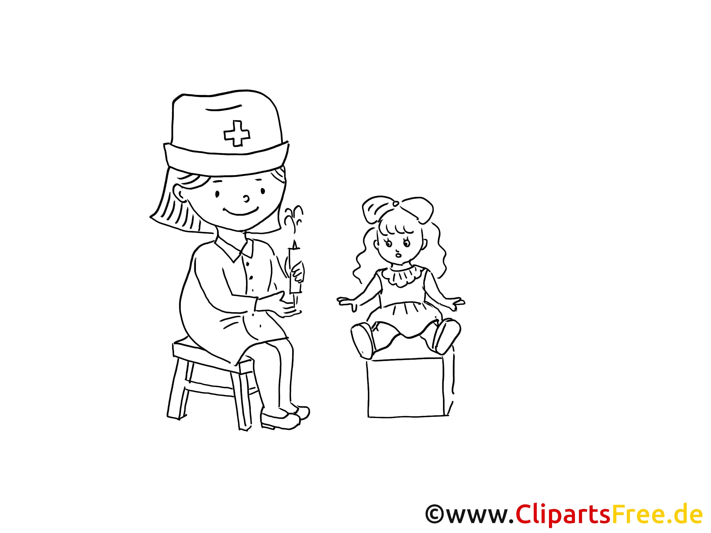 Mädchen spielt mit Puppe Zeichnung, Bild schwarz-weiss, Clipart, Comic, Cartoon kostenlos