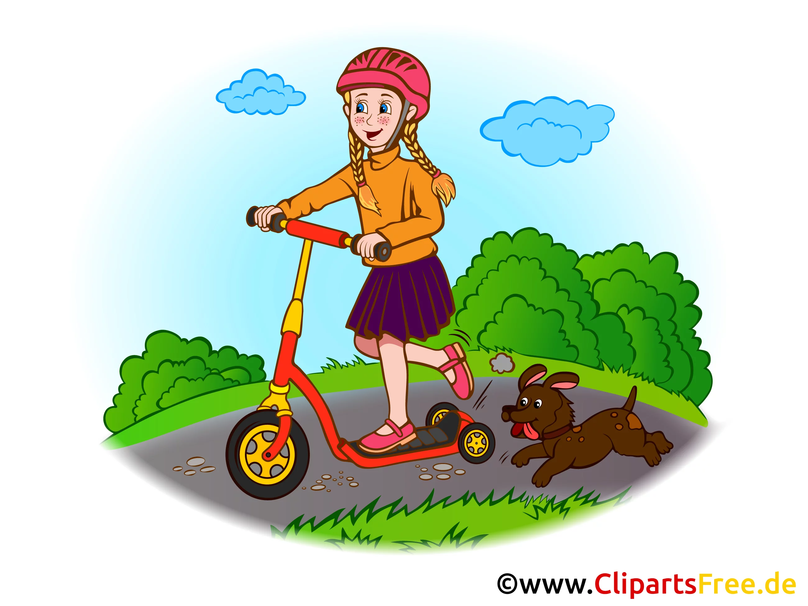 Roller fahren, Mädchen mit Helm Kindergarten Bilder, Cliparts