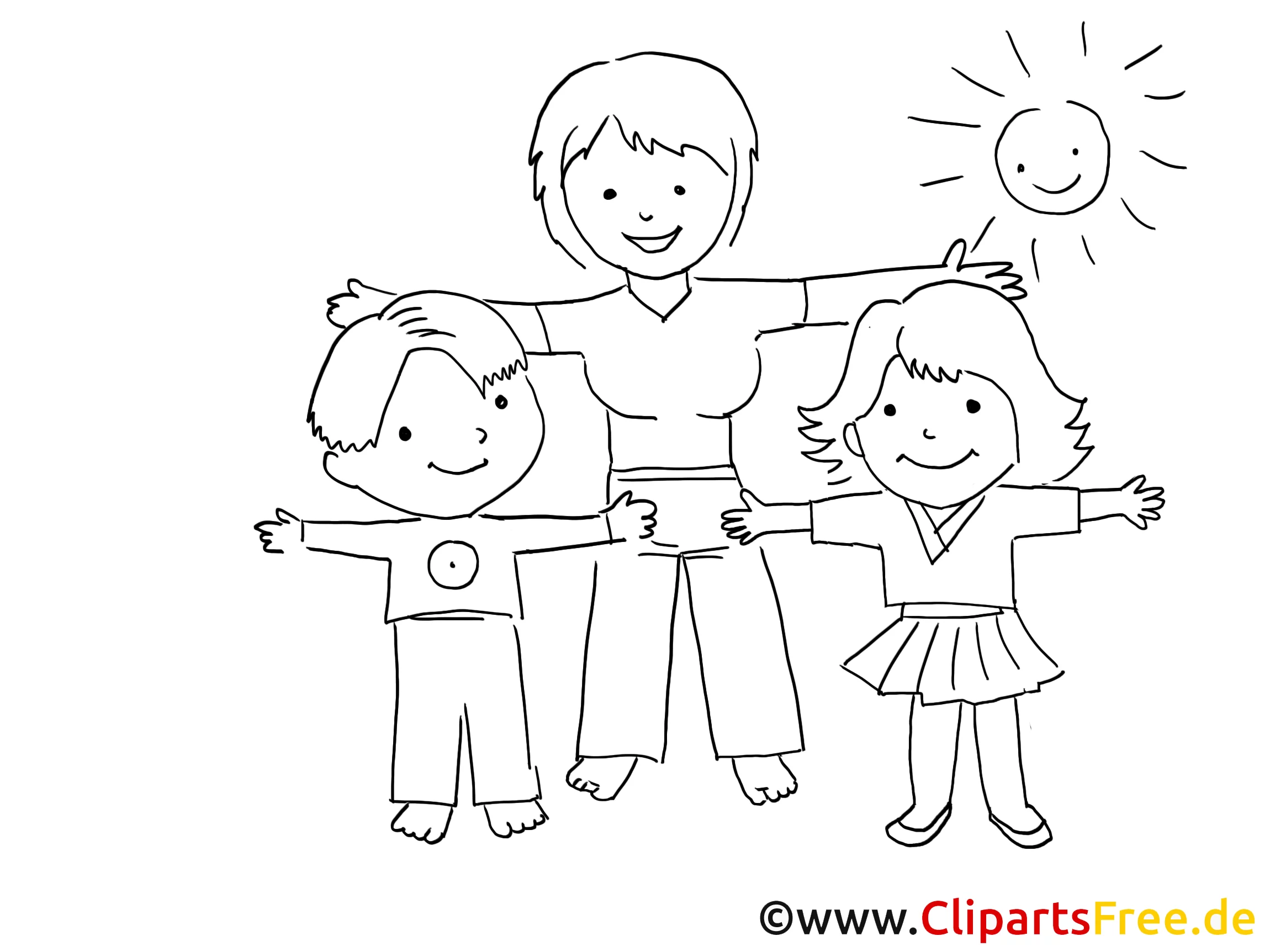 Sport im Kindergarten Zeichnung, Bild schwarz-weiss, Clipart, Comic, Cartoon kostenlos