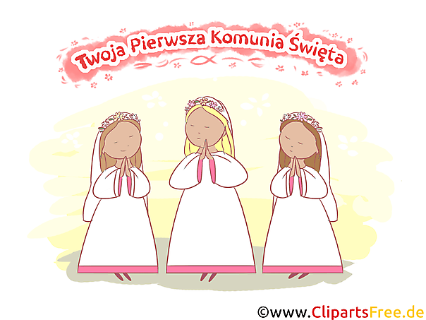 Drei Mädchen in weißen Kleider Clipart, Bild, Illustration - Glückwunsch zur Kommunion auf Polnisch
