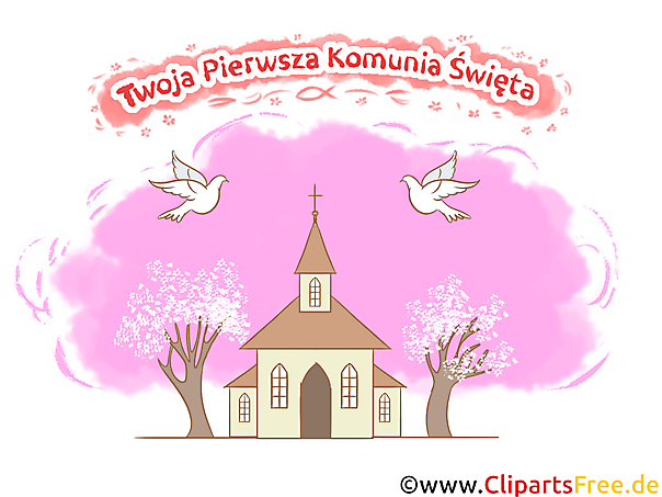 Kirche Comic, Cartoon Bild - Glückwünsche zur Kommunion auf Polnisch