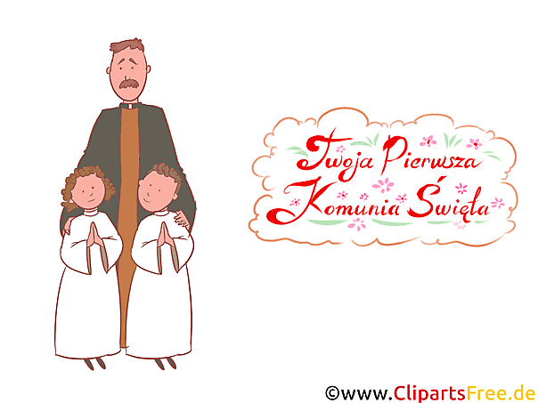 Priester mit Kindern Clipart, Bild, Illustration - Glückwünsche zur Kommunion auf Polnisch