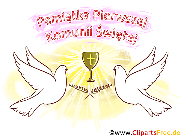 Zwei weiße Tauben mit Kelch Clipart auf Polnisch zur Erstkommunion