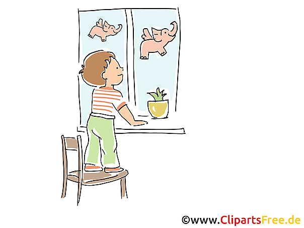 Fliegende Elefanten im Fenster Cartoon, Clipart, Bild, Illustration