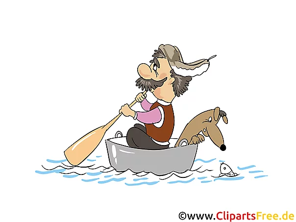 Alter Mann mit Hund im Boot Bild, Clipart, Illustration