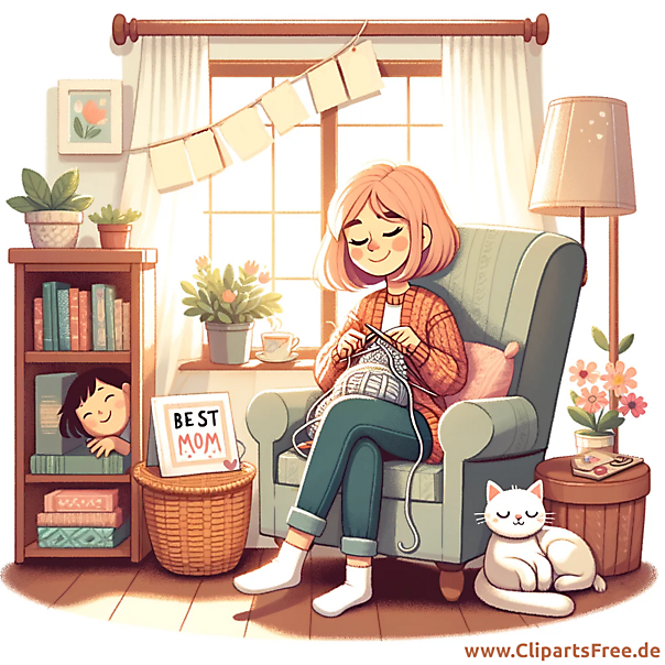 Frau sitzt im Sessel und strickt - Bild zum Muttertag