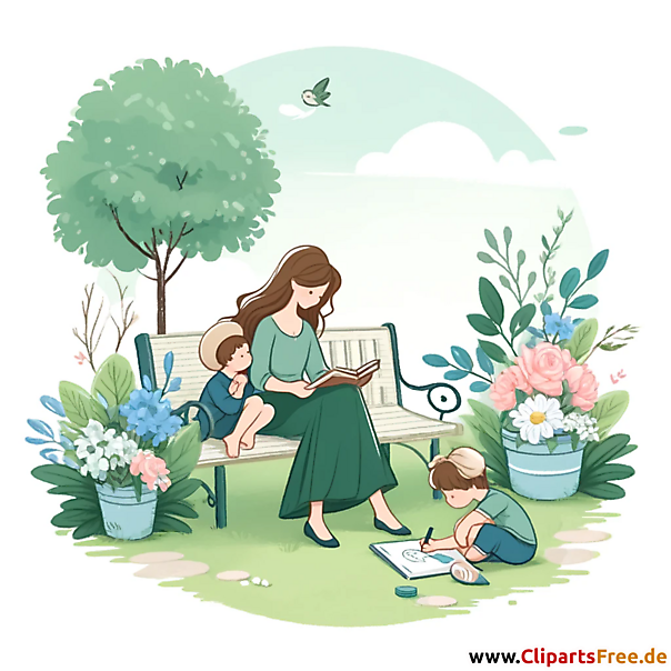 Mama mit Kindern im Park Clipart zum Muttertag kostenlos