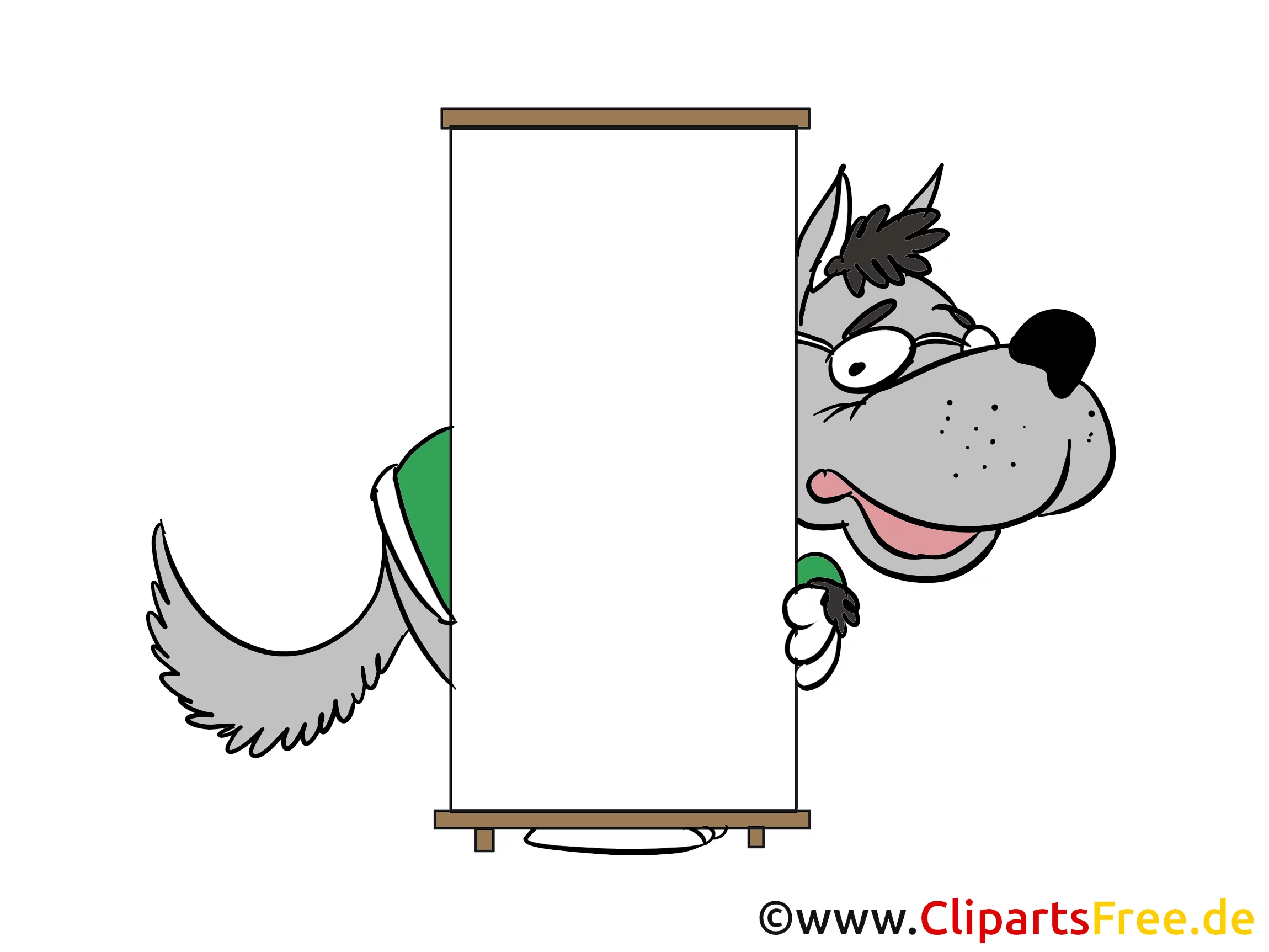 Wolf mit leerem Schild zum Beschriften Clipart, Bild, Cartoon
