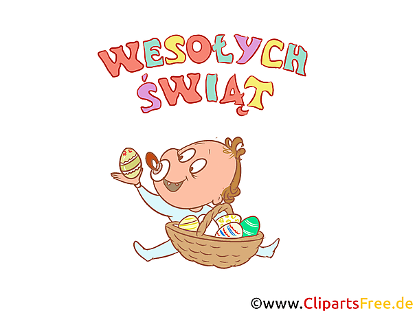 Baby mit Ostergeschenken - Glückwunschkarte auf Polnisch