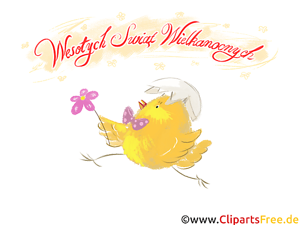 Gelbes Küken mit Blume - Ostern Grusskarte auf Polnisch