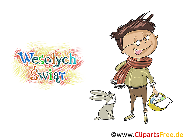 Junge mit Brille, Kaninchen Clipart, Grußkarte auf Polnisch
