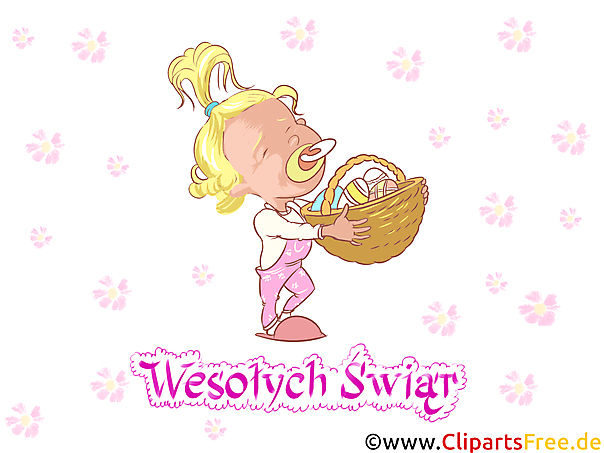 Kind mit Nuckel im Mund und Korb mit Osterneiser Clipart auf Polnisch