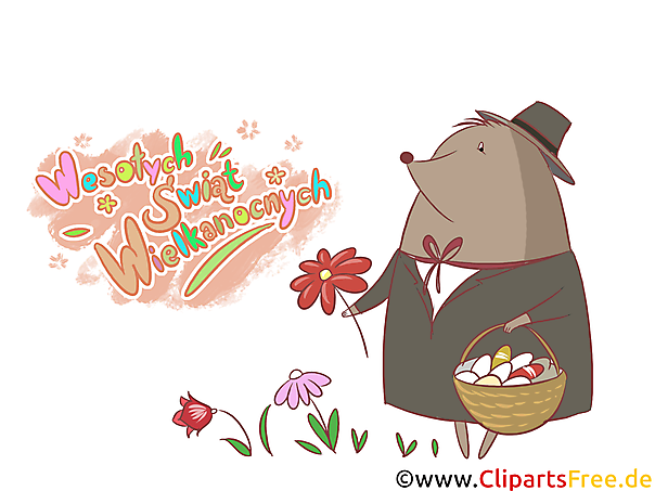 Maulwurf mit vollem Körbchen mit Osterneiern - Grußkarte auf Polnisch