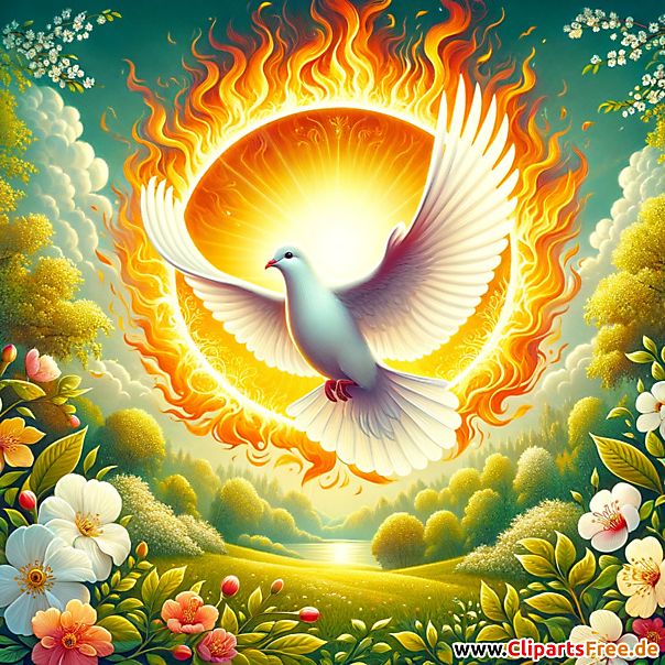 Glückwunschkarte zu Pfingsten mit weiße Taube und Sonne