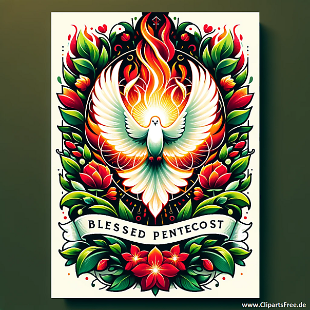 Grußkarte zu Pfingsten mit Taube und Blumen