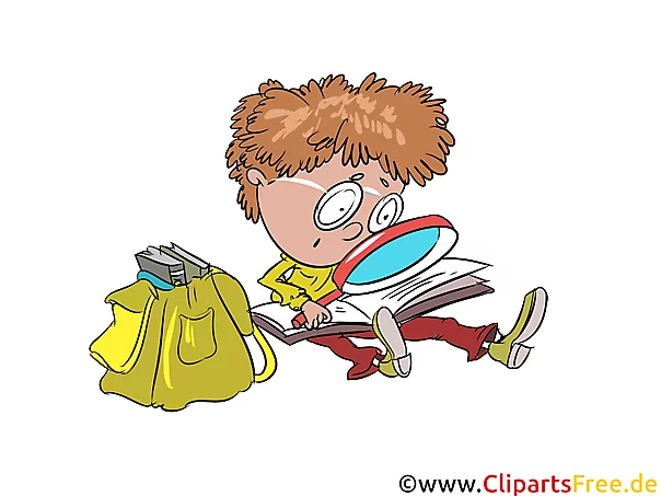Clipart kostenlos Schüler mit Lupe, Schulranzen, Lesen Buch
