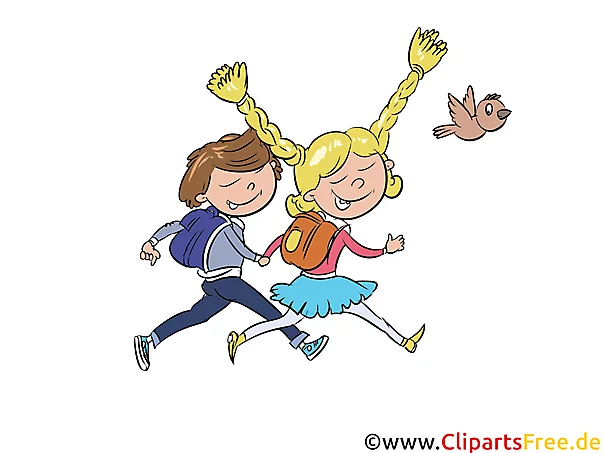 Fröhliche Schüler, Kinder gehen in die Schule Clipart, Bild, Cartoon, Comic