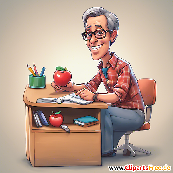 Lehrer am Arbeitstisch mit Apfel Bild, Illustration, Cartoon