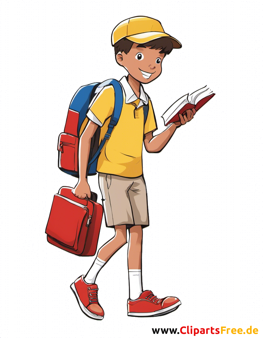 Schüler geht in die Schule mit Rucksack und Buch Clipart kostenlos