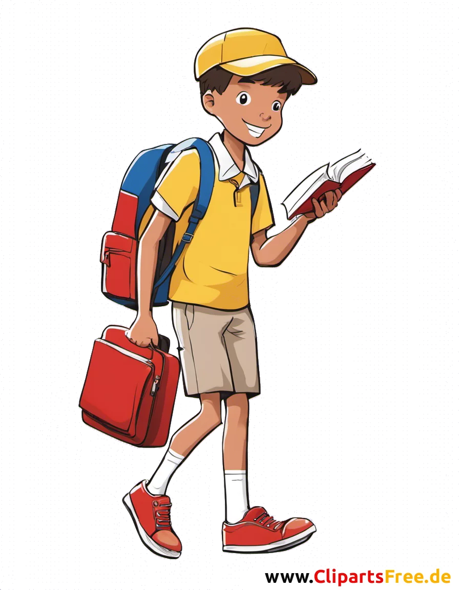 Schüler geht in die Schule mit Rucksack und Buch Clipart kostenlos