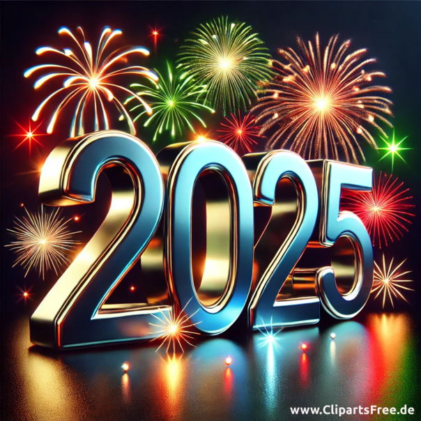 Frohes Neues Jahr 2025 Illustration mit Feuerwerken und Zahlen