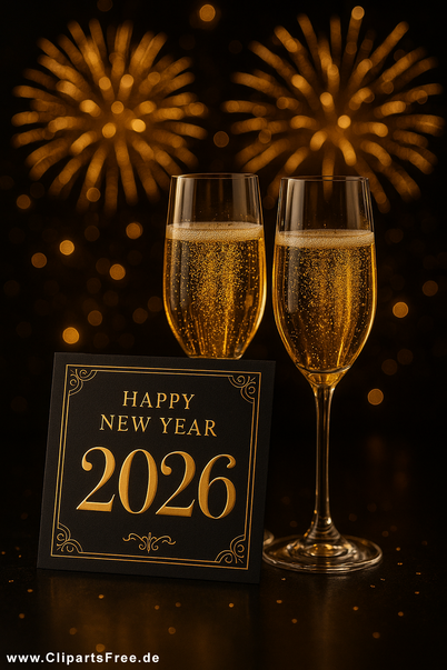 2026 Glückwunschkarte zum Neujahr mit zwei Gläser Sekt
