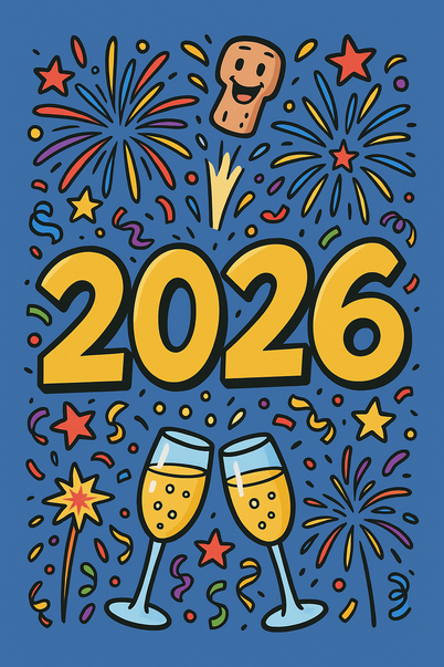 2026 Silvesterkarte im Cartoonstil