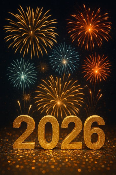 2026 Silvesterkarte mit Feuerwerken und goldenen Zahlen