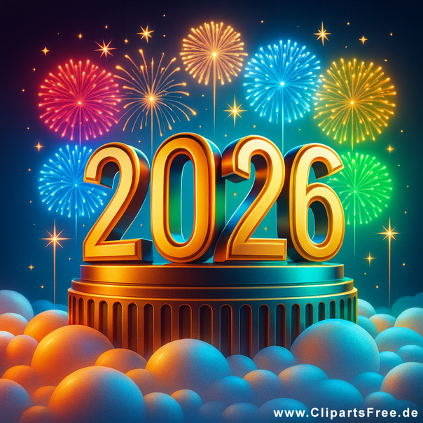 Frohes Neues Jahr 2026 Illustration mit Feuerwerken und Zahlen